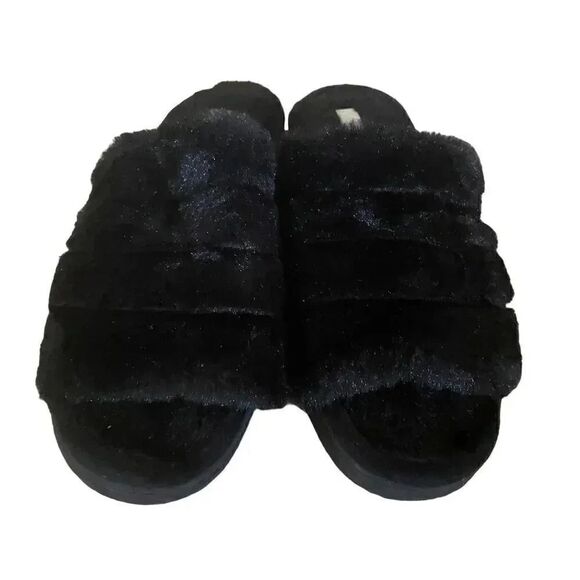 Nordstrom Abound  open toe faux fur fuzzy slide slipper in black flat sole SZ 13 - Picture 3 of 8